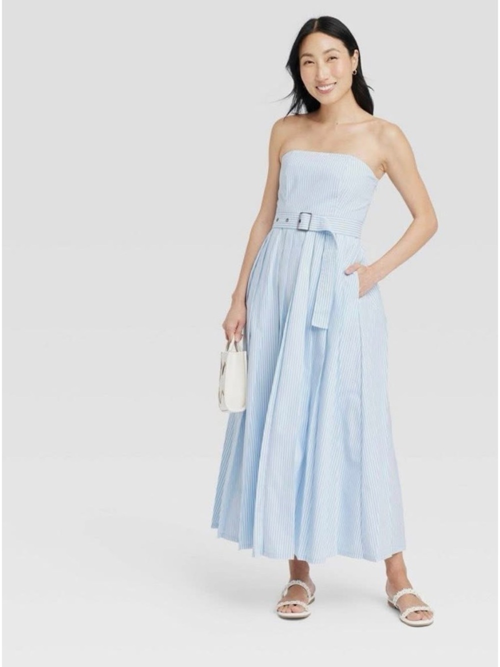 Light Blue & white striped Belted Maxi Dress
